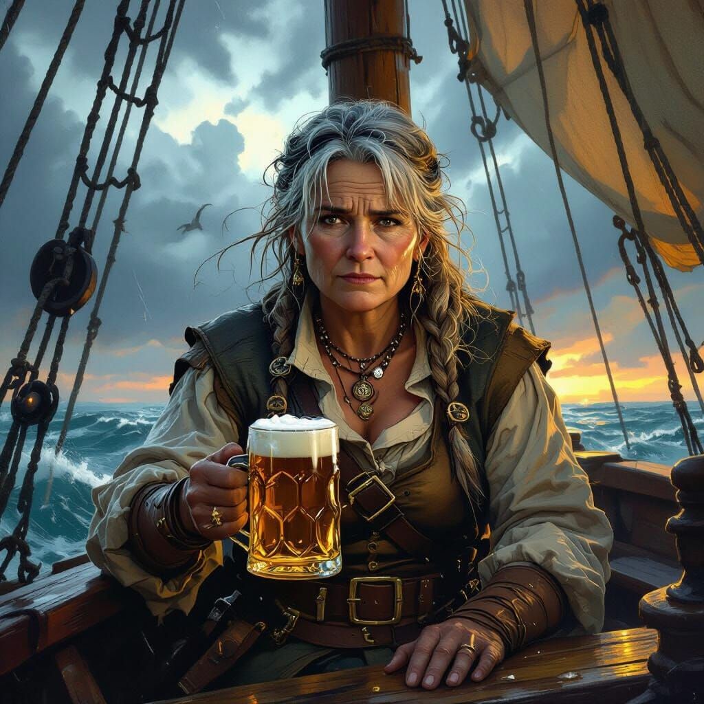Sorrowful Halfling Captain Drinks Ale on Stormy Ship Deck