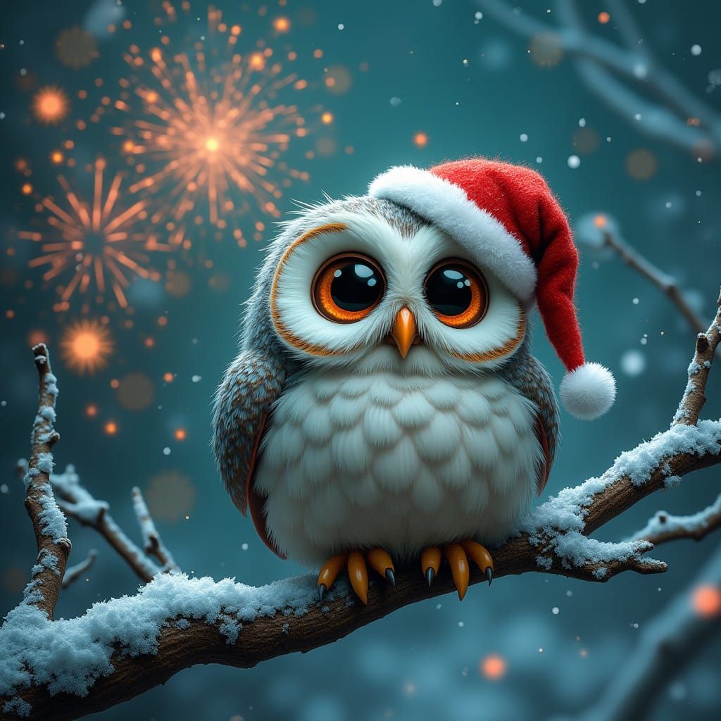 Whimsical Owl in Winter Wonderland Scene