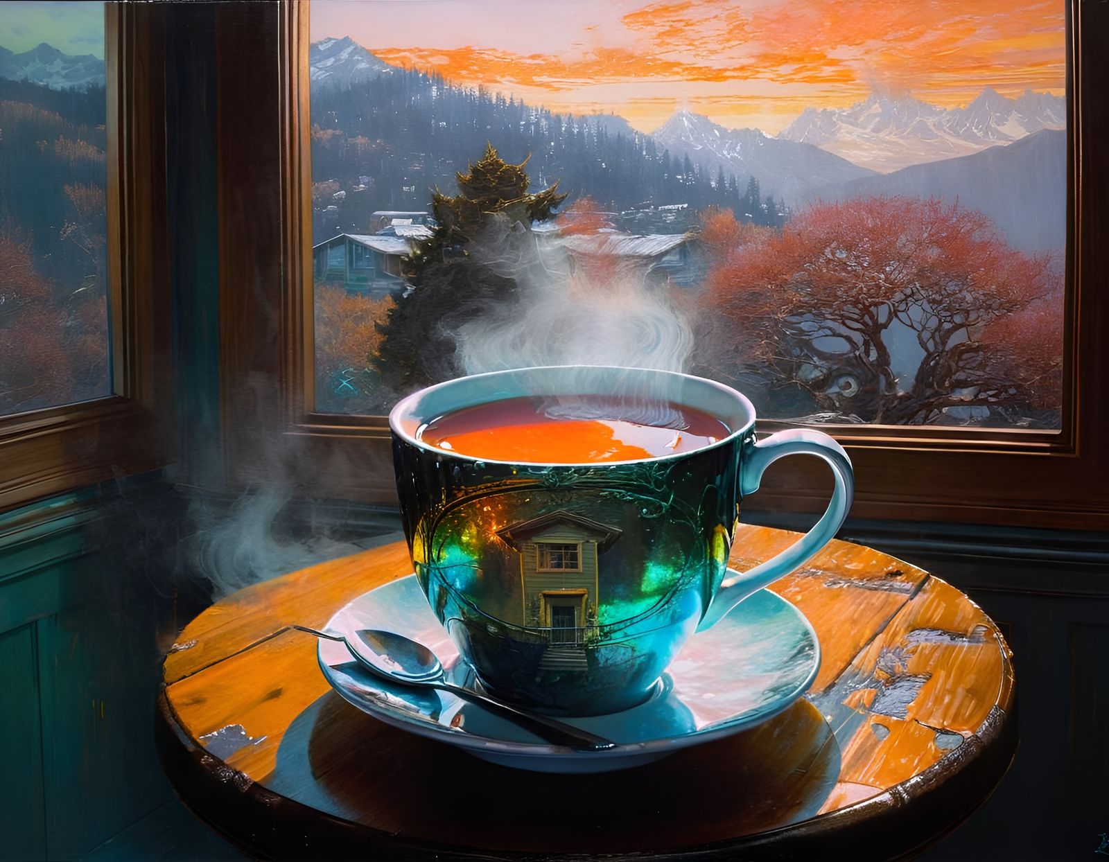 Cozy Home Double Exposure in Art Nouveau Style