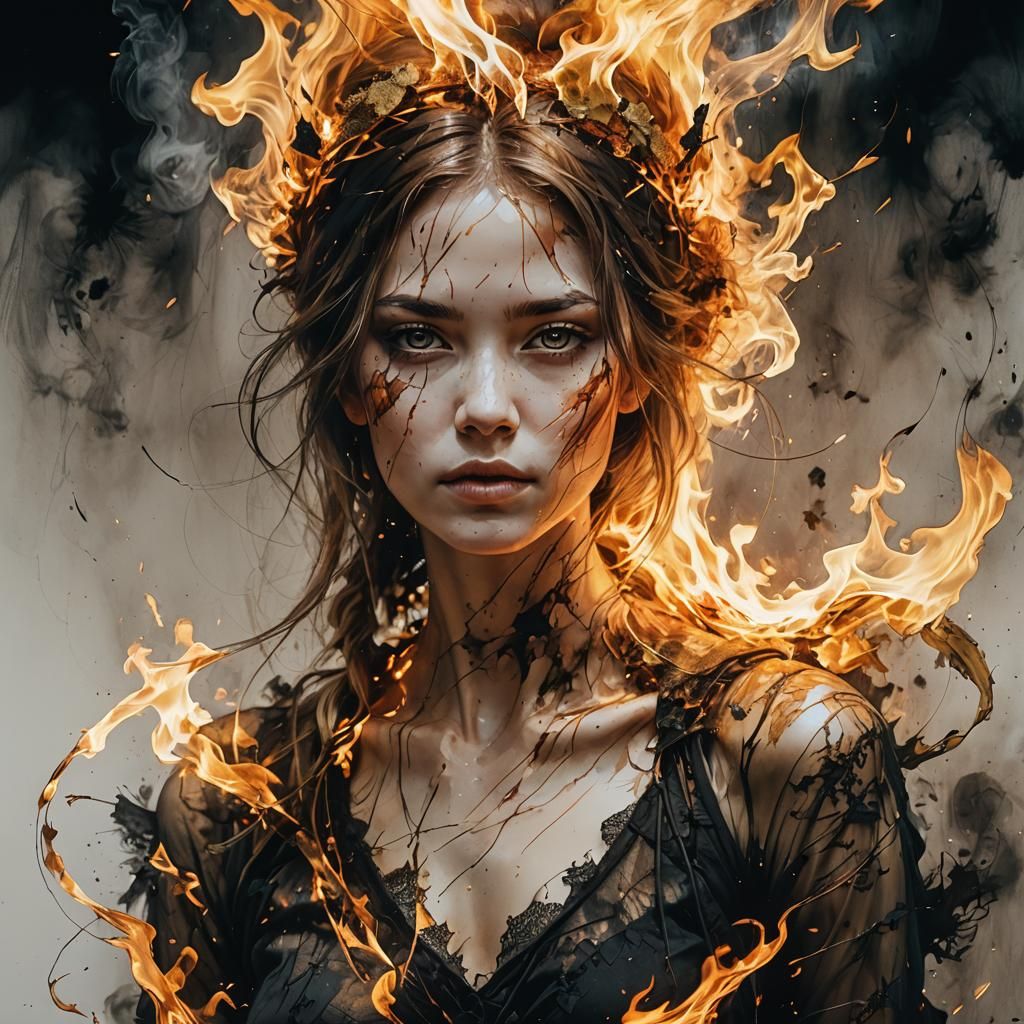 Woman in Fire: Hyperrealistic Digital Art