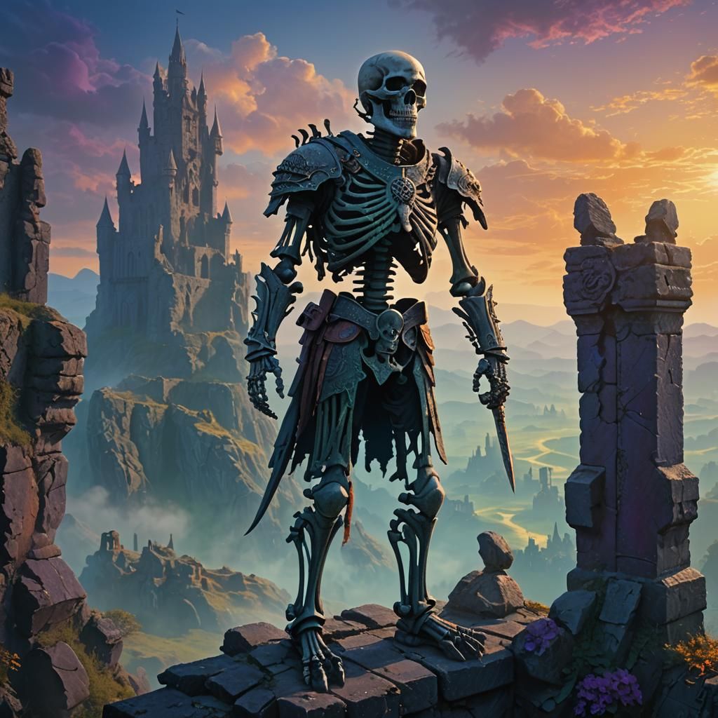 Skeleton Warrior on Ruined Castle in Dark Fantasy Style