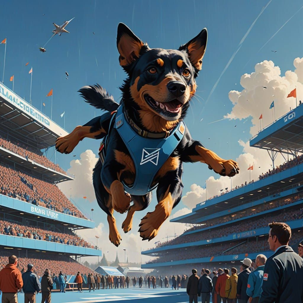 Sleek Canine Athlete Performs Backflip in Futuristic Stadium