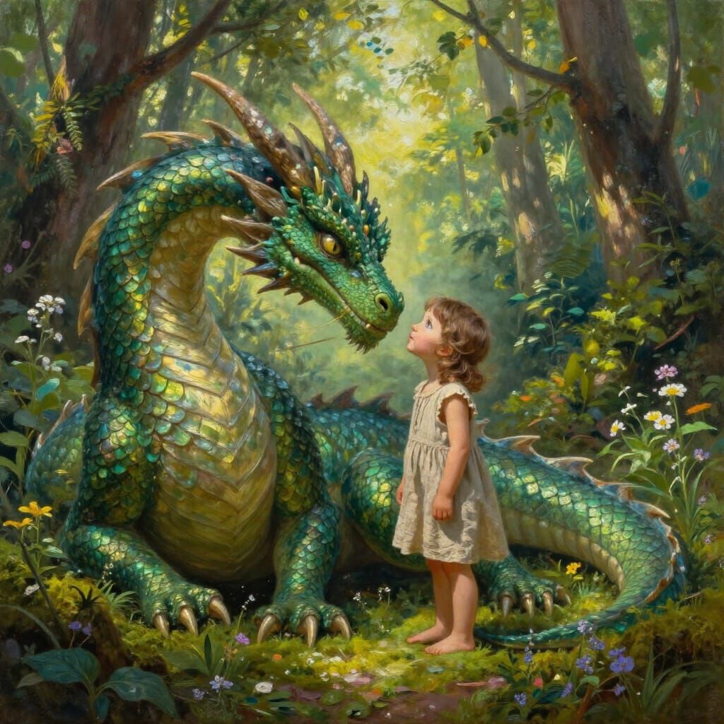 Child Befriends Emerald Dragon in Sunlit Forest Oil Painting