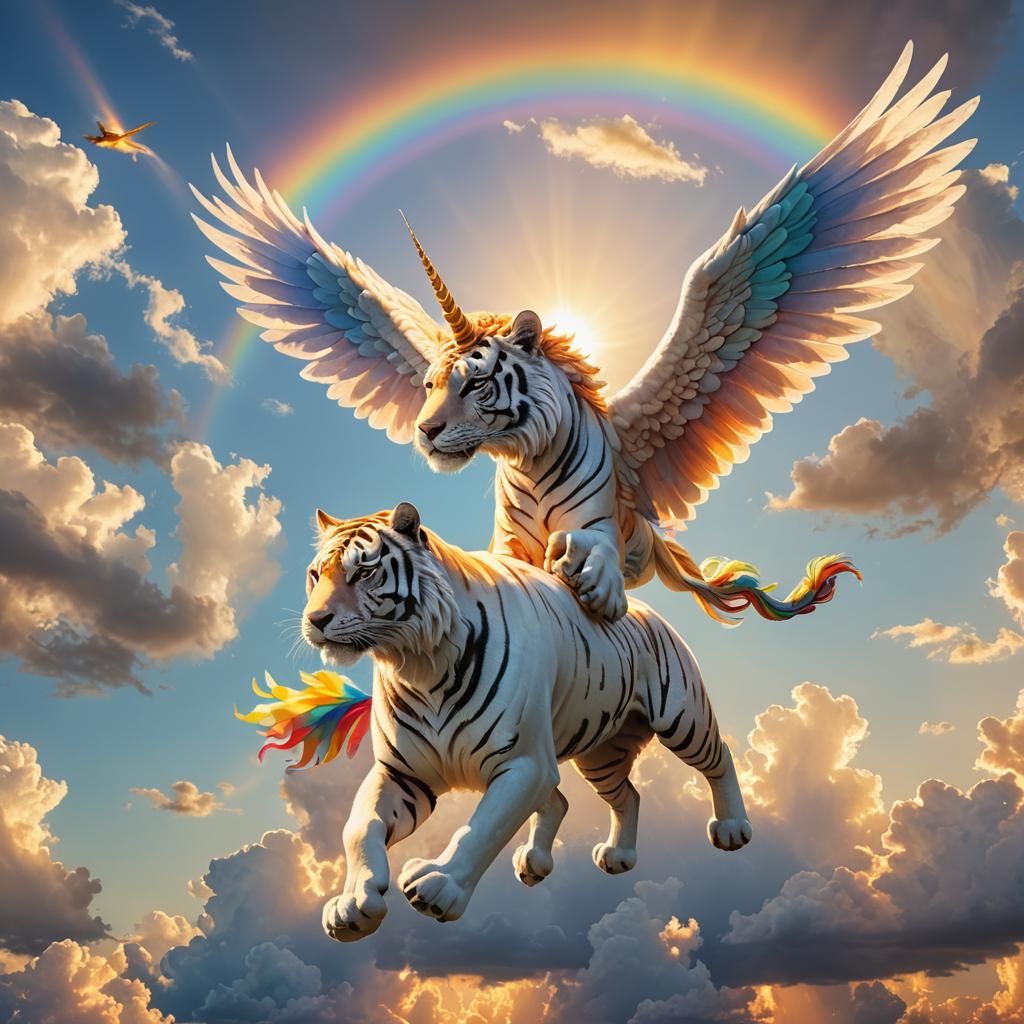 Winged Unicorn Tiger Flies Towards Sunset