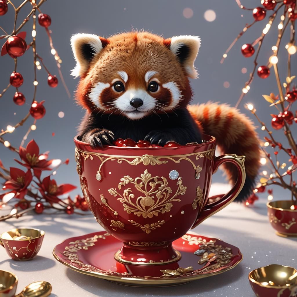Cute Red Panda in Teacup: 3D Anime Art