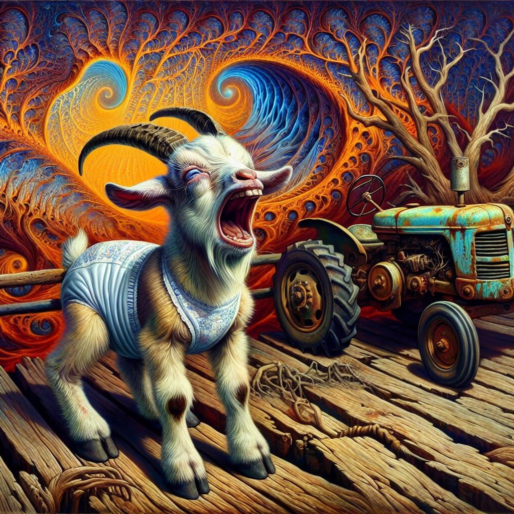 An intensely emotive anthropomorphic screaming goat wearing ...