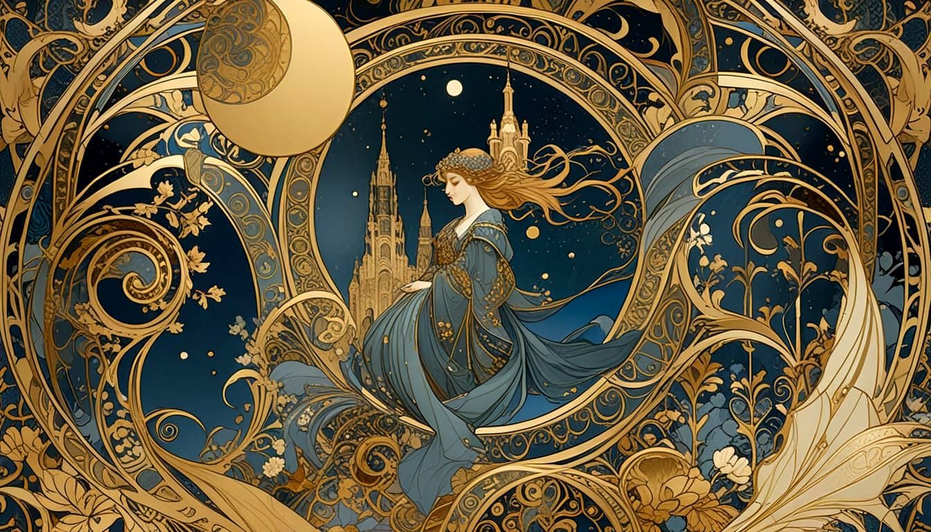 Foggy Art Deco Cityscape in the Style of Klimt and Mucha