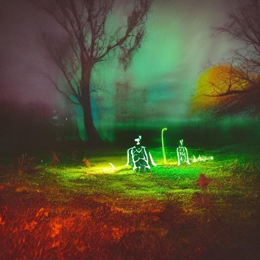 Fluorescent Skeletons Dance in Cemetery, Cinematic Neon