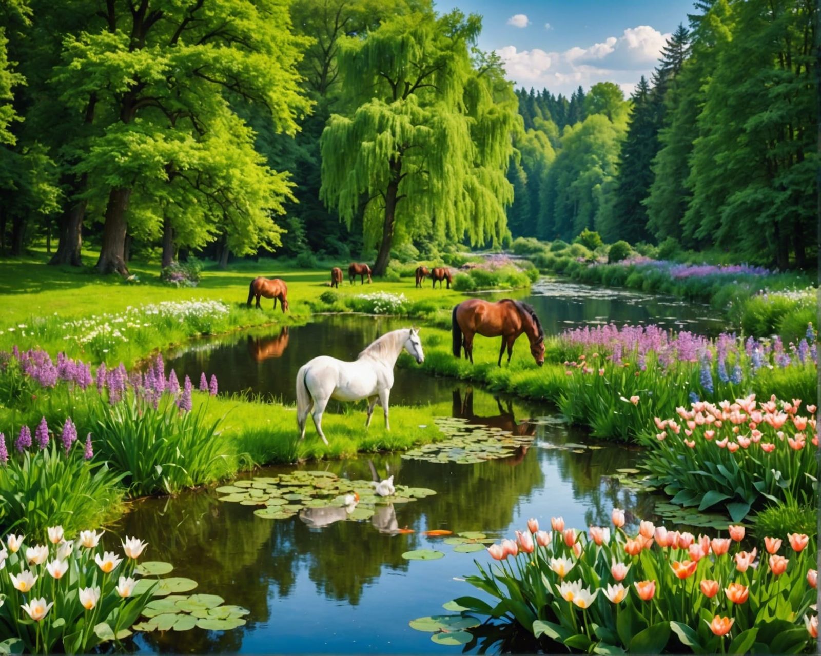 Lush Green Landscape with Horses, Swans and Koi