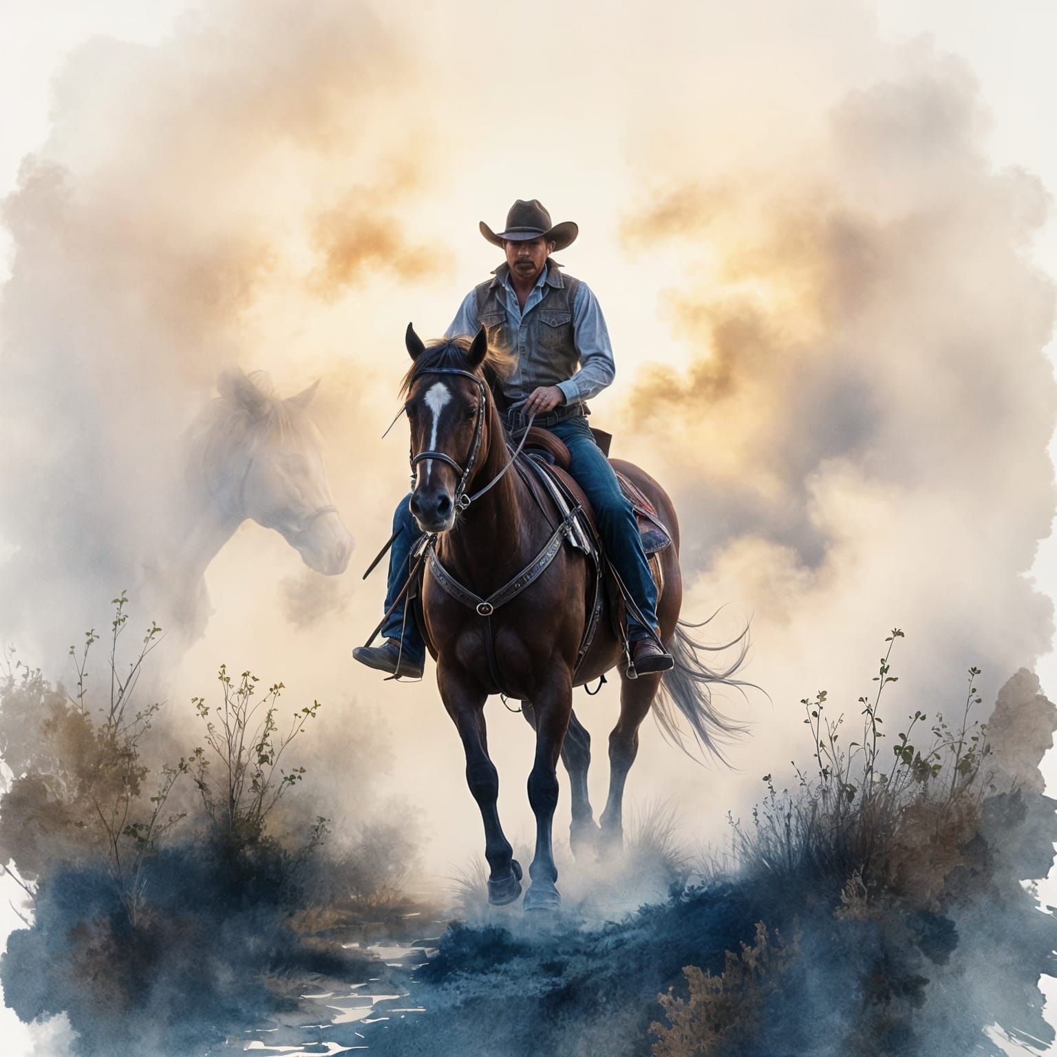 Ethereal Cowboy Riding Horse in Morning Fog