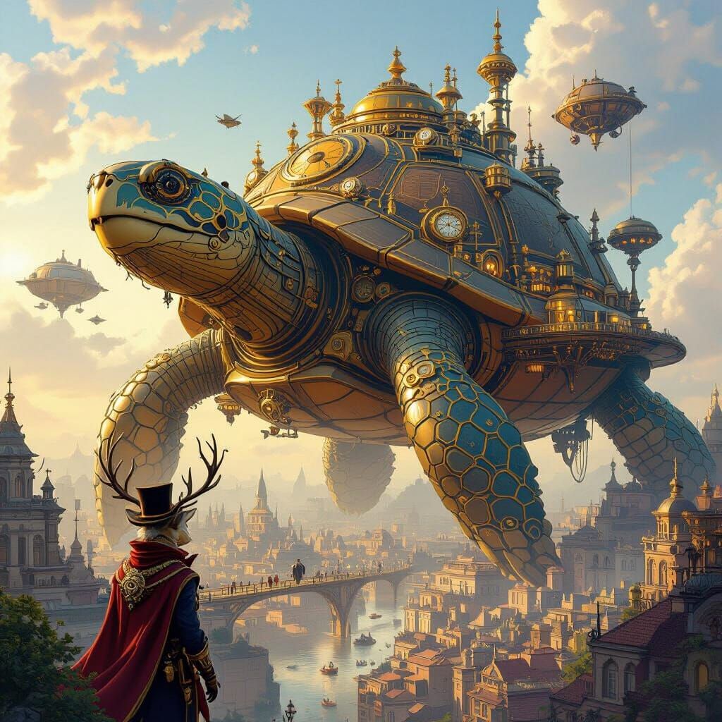 Steampunk City on Giant Turtle Shell in Golden Hour Light