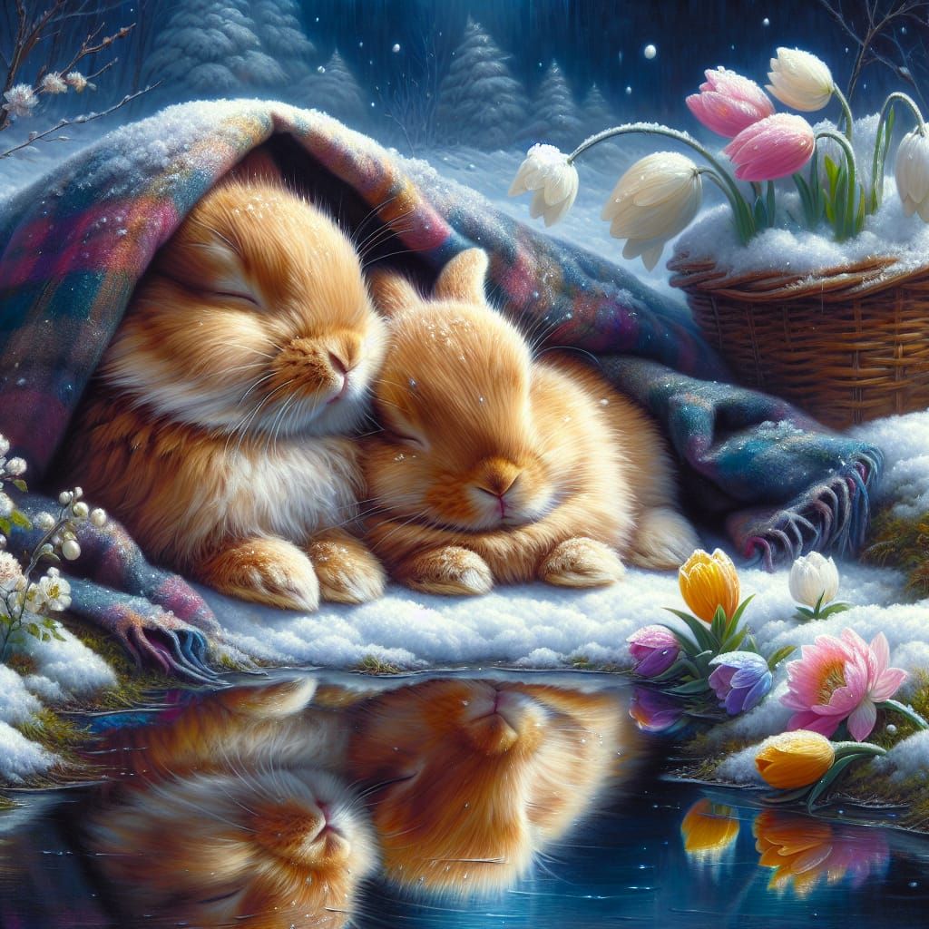 Sleeping Golden Bunnies in Snowy Spring Landscape