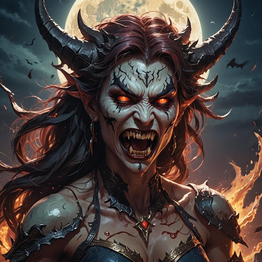 Hyperrealistic Demoness in Moonlight