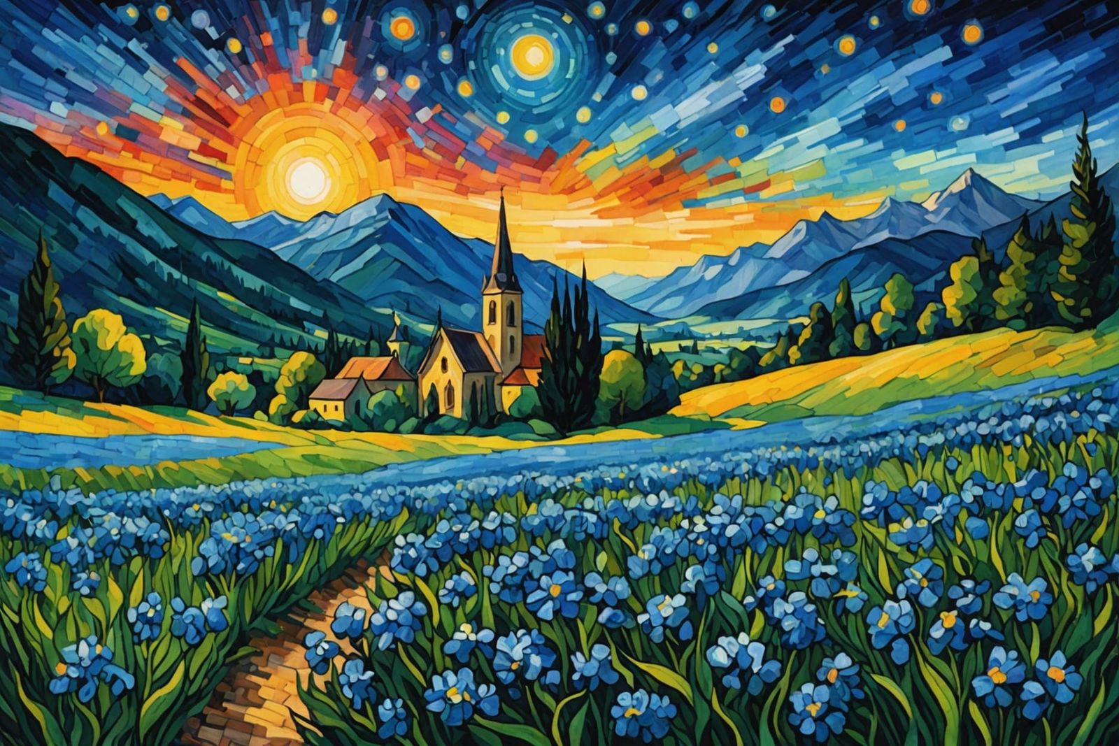 Blue Flowers Field with Gothic Church in Watercolor Style