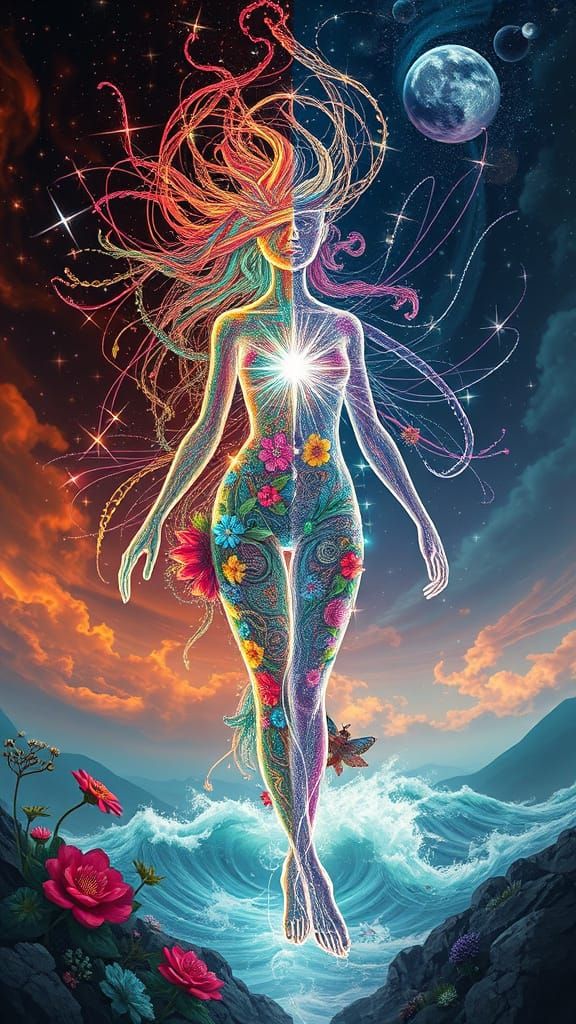 Surreal Goddess Embodies Seasons in Radiant, Dreamlike Form