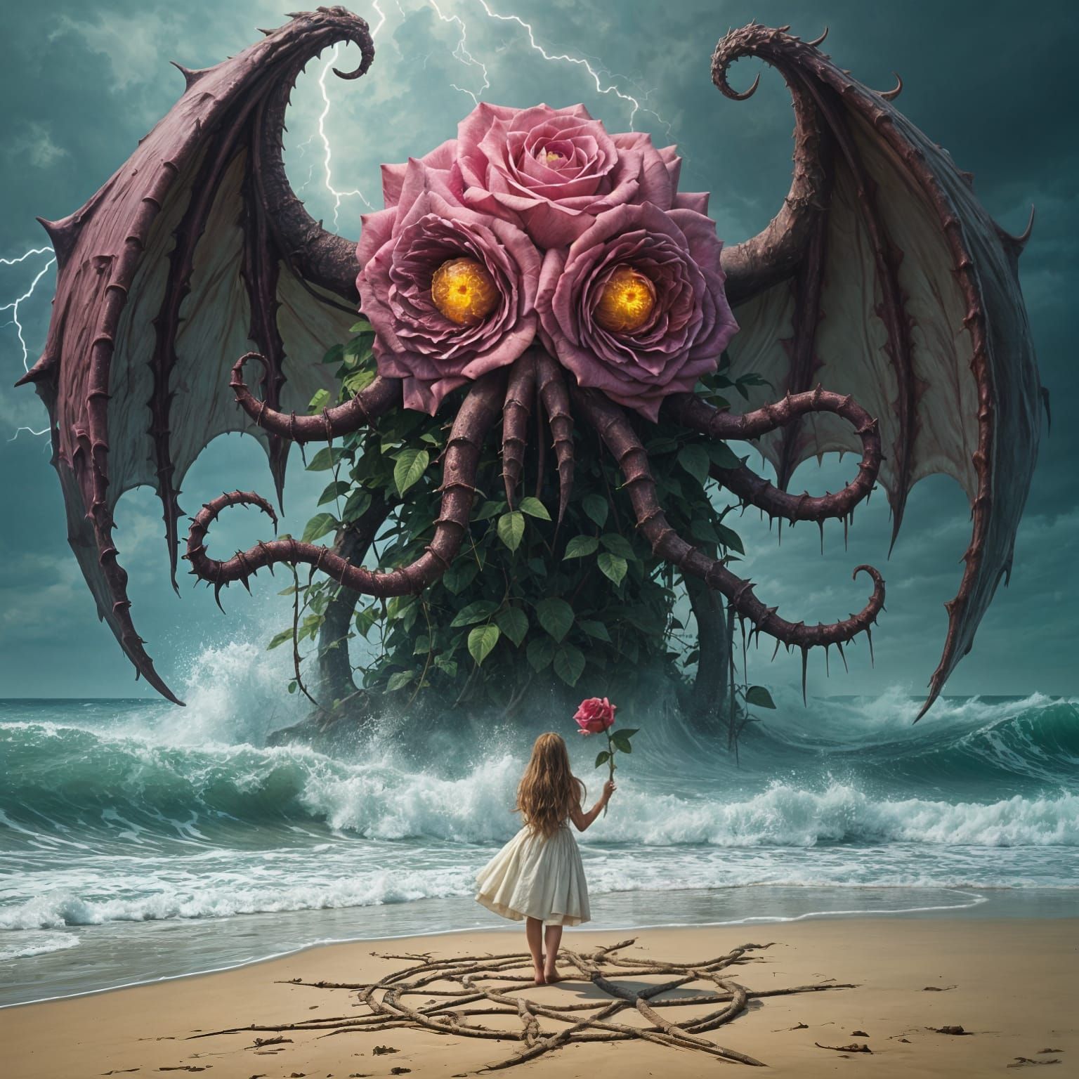 Rose Cthulhu Emerges from Stormy Sea as Baroque Painting