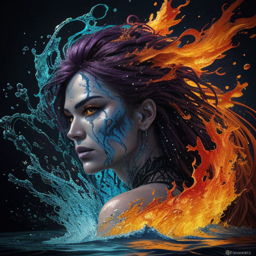 Dramatic Water and Fire Reflection, Cyberpunk Art
