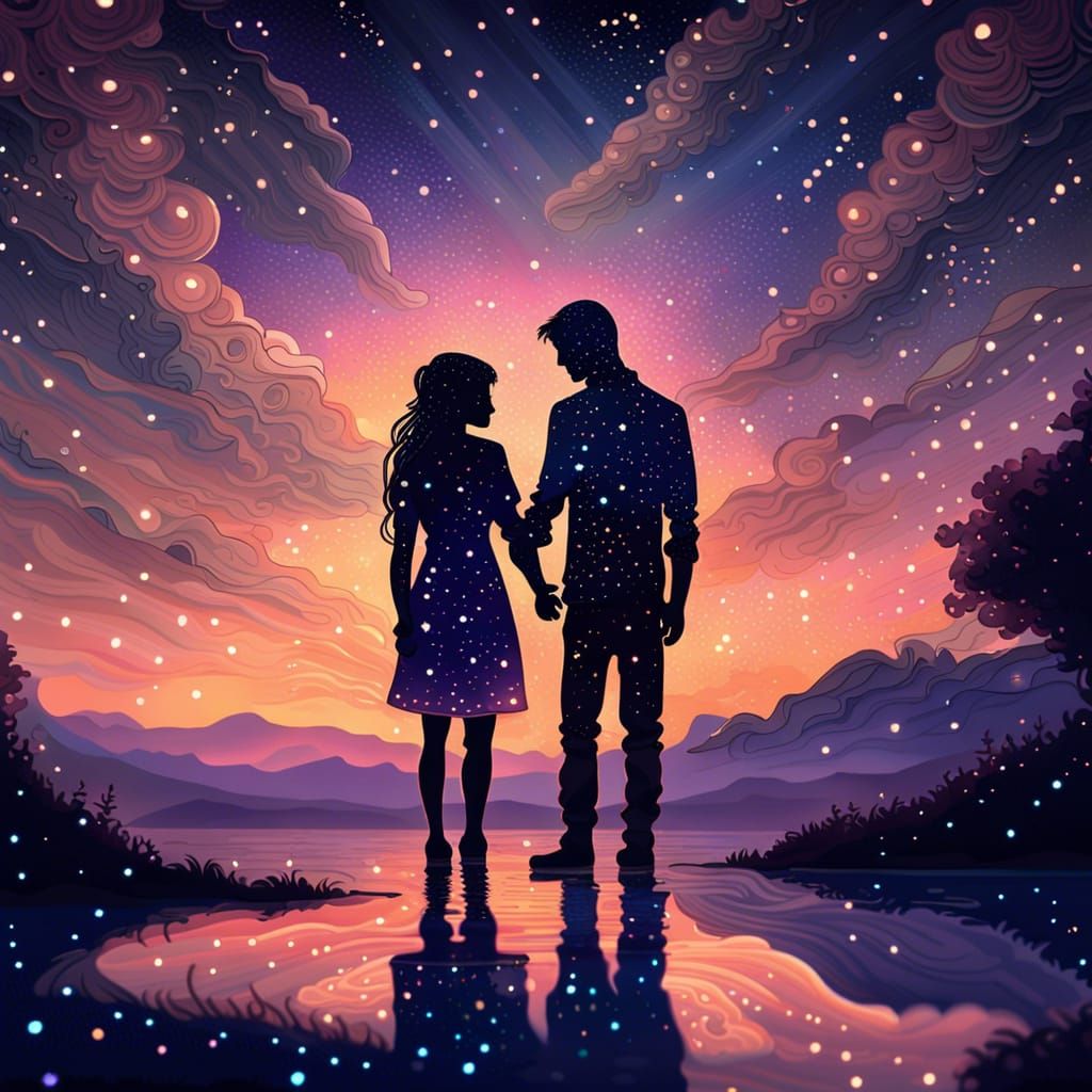 Lovers Holding Hands Under Twilight Sky Digital Painting