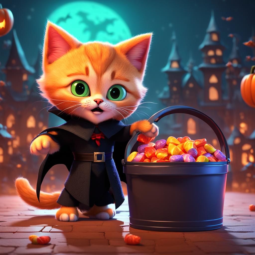Kitten as Dracula on Halloween Night: Pixar Style