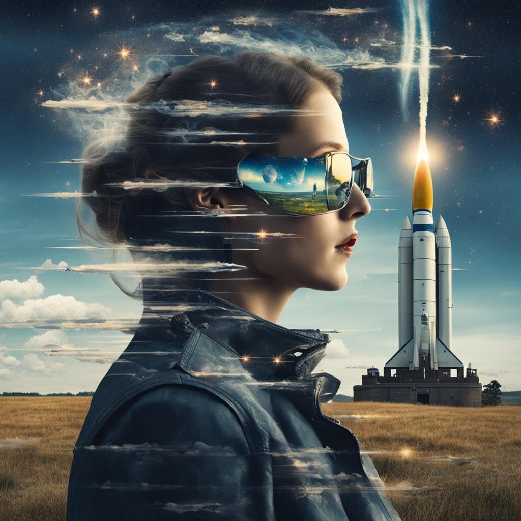 Detailed Double Exposure: Woman and Rocket