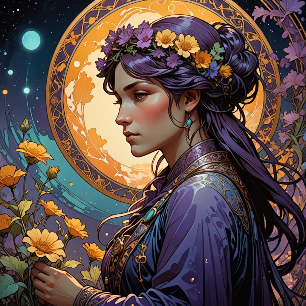 Celestial Gardener Tending Bioluminescent Flora: Fantasy Con...