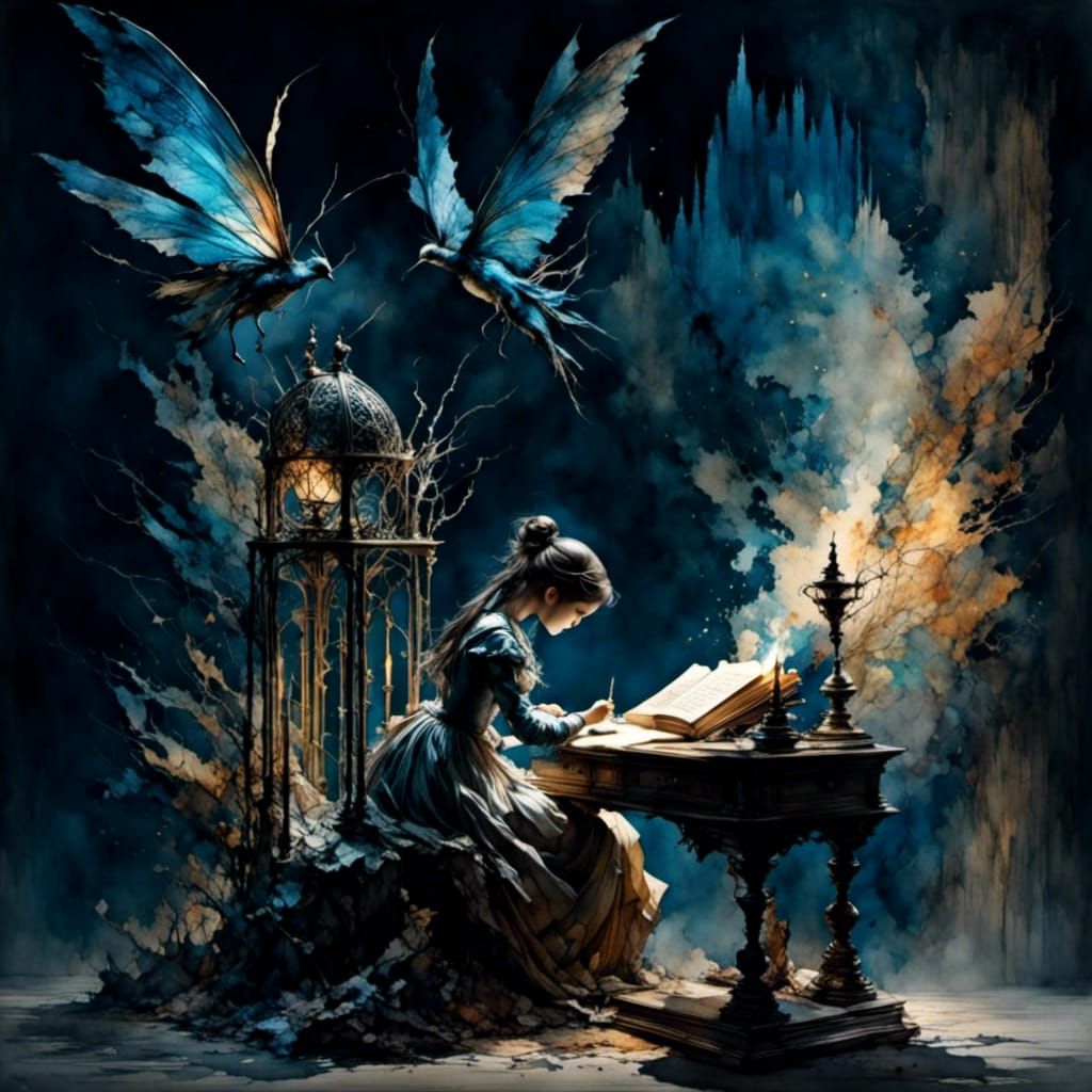 Automaton Girl Writes in Romantic Watercolor Style