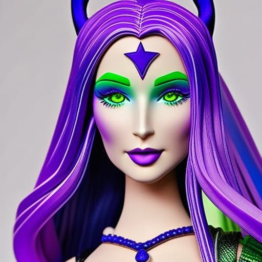 Wiccan Barbie with purple hair with black highlights& green eyes& purple eyeshadow& black eyeliner& cobalt blue lipstick...
