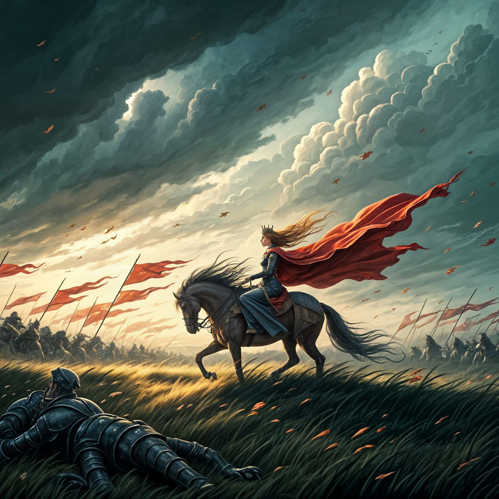 Queen on Windswept Battlefield in Art Nouveau Style