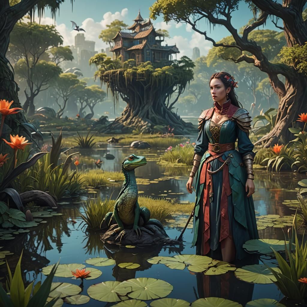 Whimsical Woman Wanderer in Dreamlike Wetlands
