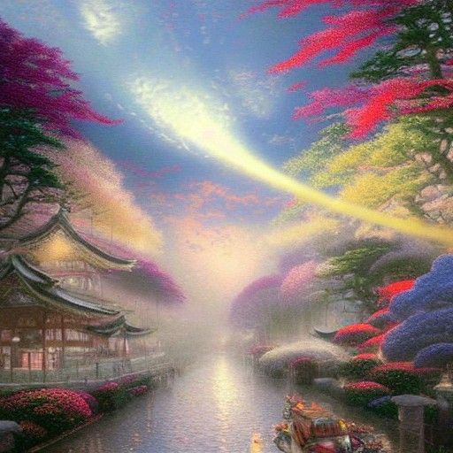 Ethereal Fantasy Flight Over Japan in Kinkade Style