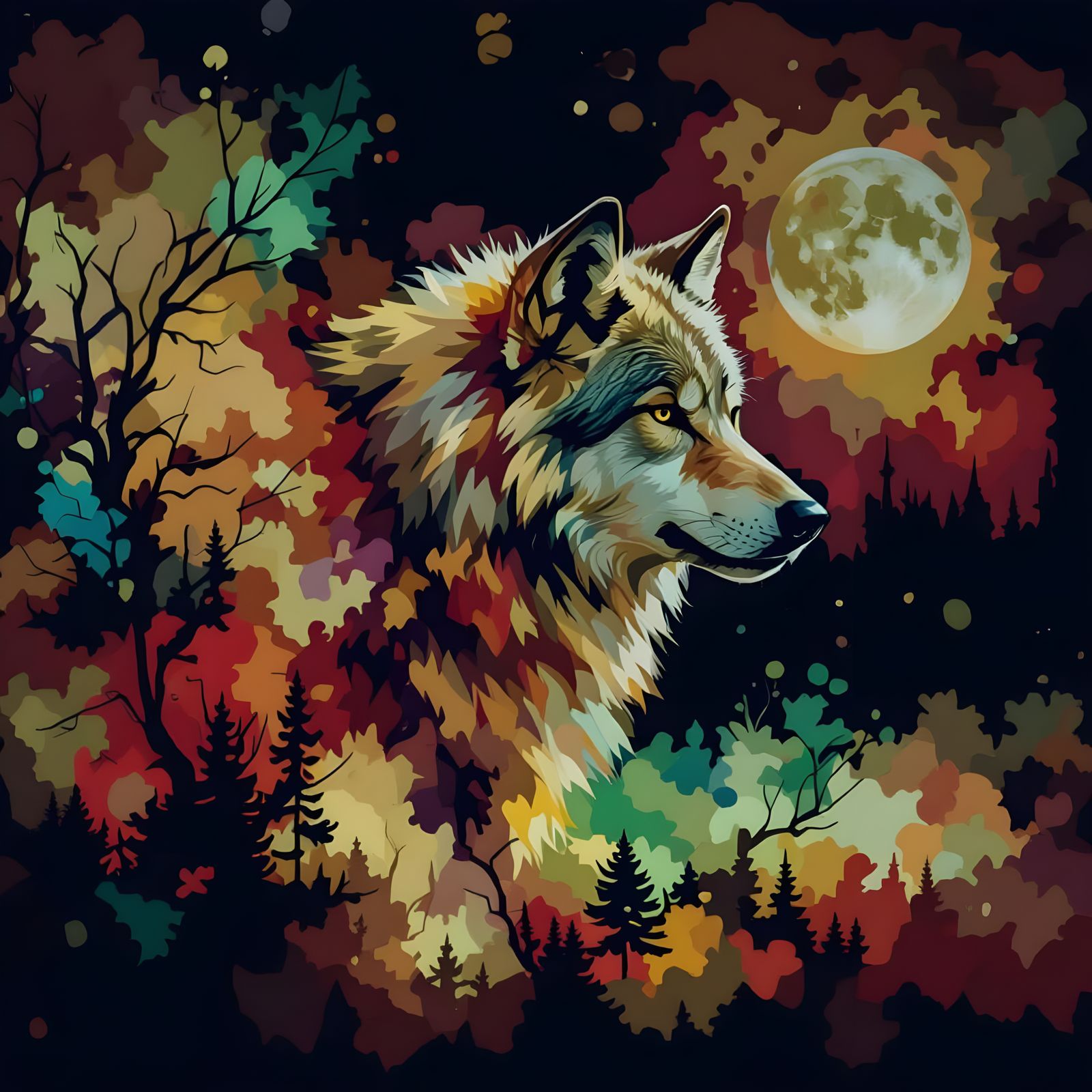 Majestic Wolf Under Full Moon in Watercolor Style