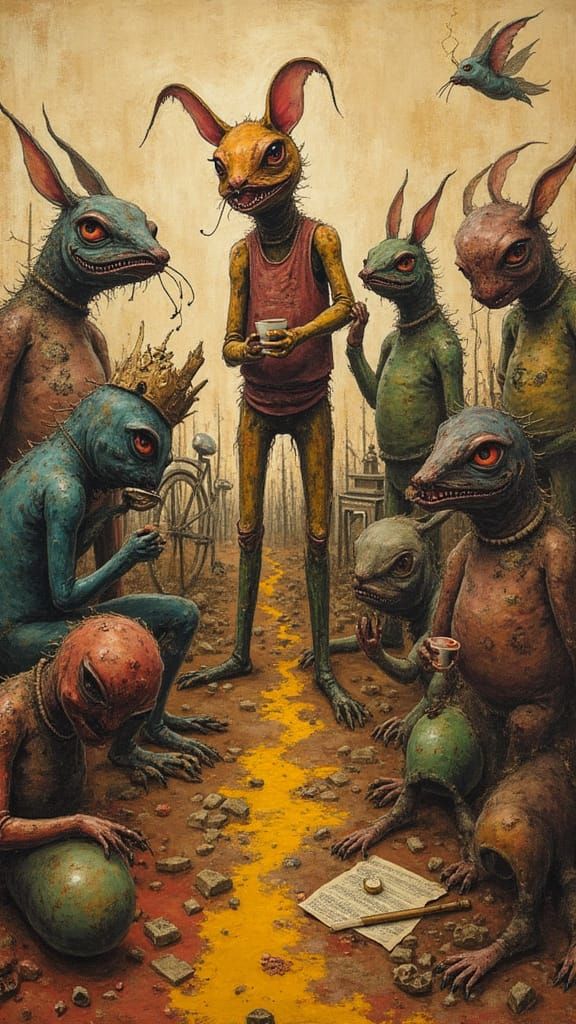 Art Brut Painting of Strange Creatures and Activities