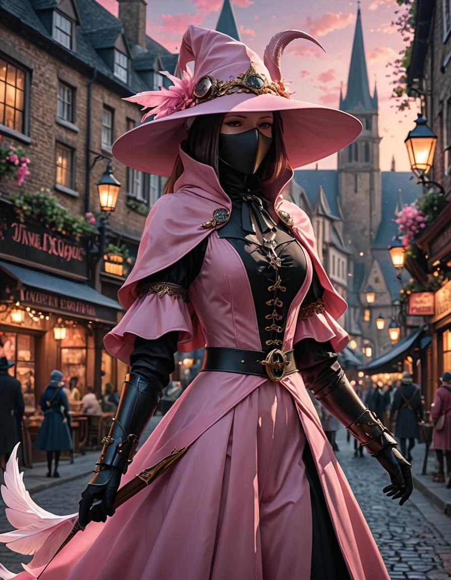 Angel in Pink Plague Doctor Dress: 3D Anime Art