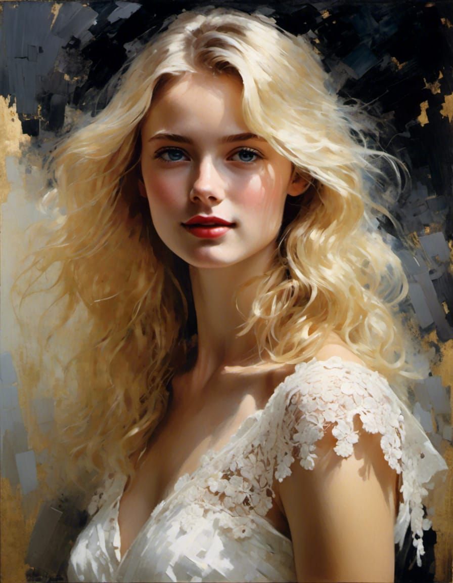 Smiling Blonde Woman in Wedding Dress, Old Masters Style