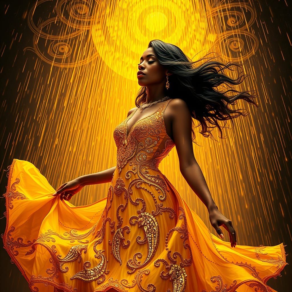 Golden Goddess in Vibrant, Swirly Skies