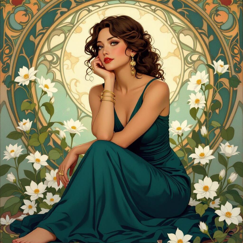 Woman in Teal Dress Surrounded by Flowers in Art Nouveau Sty...