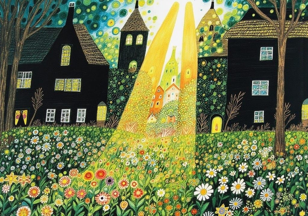 Sunlit Garden in Dark Backyard, Fairytale Art