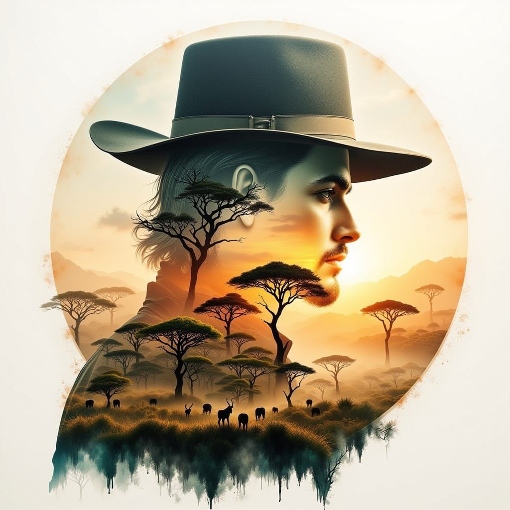 Double Exposure Sketch: African Savannah and Adventurer