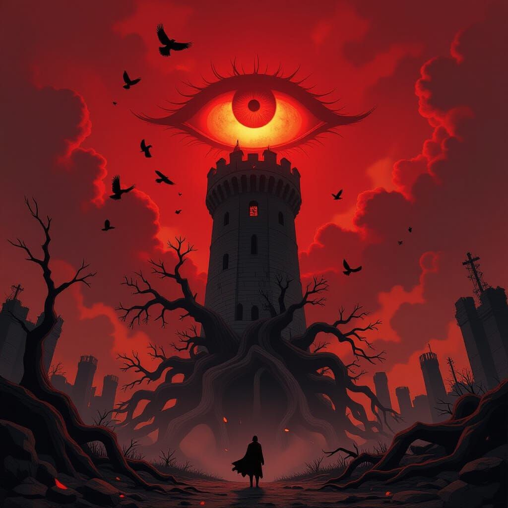 Grim Medieval Tower Under Colossal Eye in Burning Sky