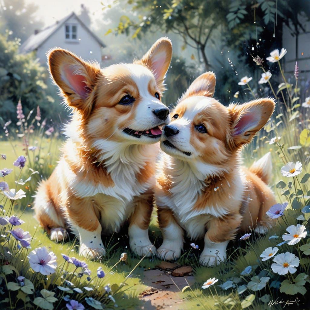 Adorable Corgi Pups Playing in a Garden