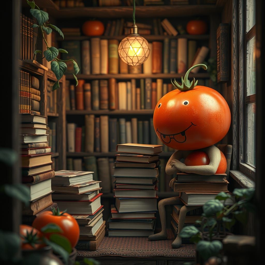 Tomato Librarian in Vegetable World Reading Nook