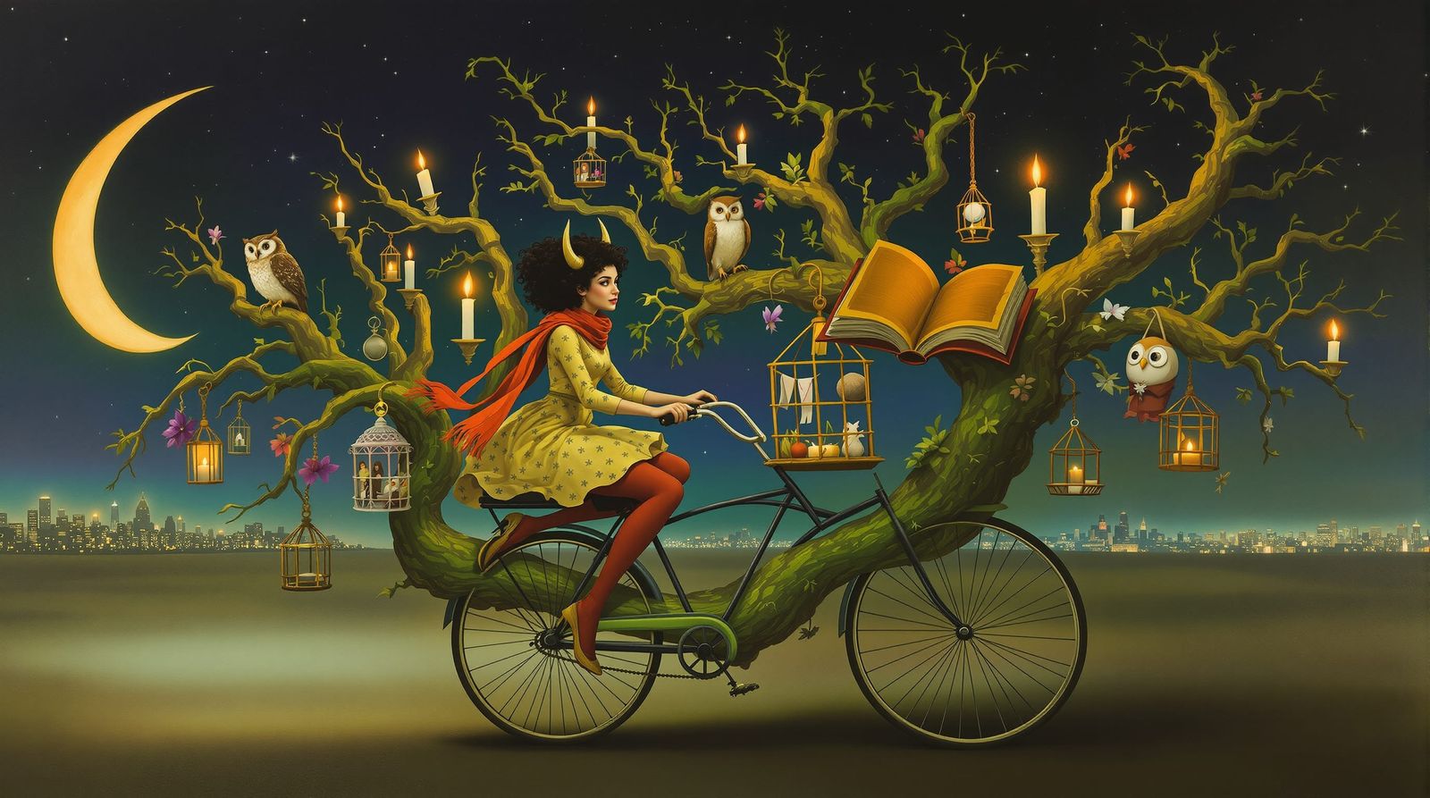 Surreal Woman Rides Bicycle of Dreams in Moonlit Night