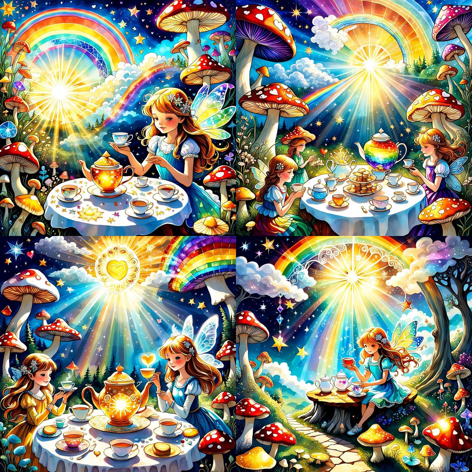 Fairies' Tea Party with Rainbows and Golden Light