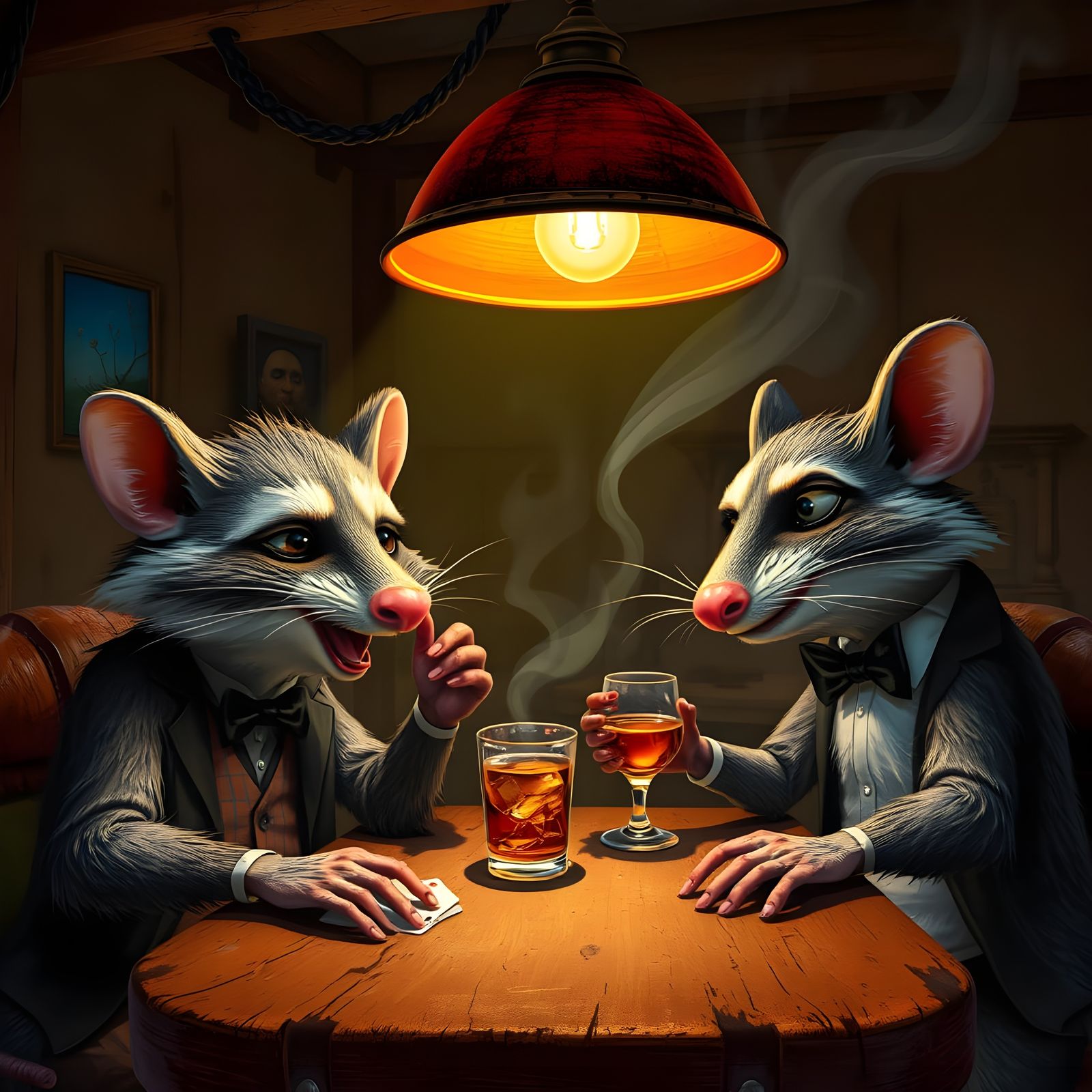 Whimsical Mafia Creatures Gather in Smoky Backroom