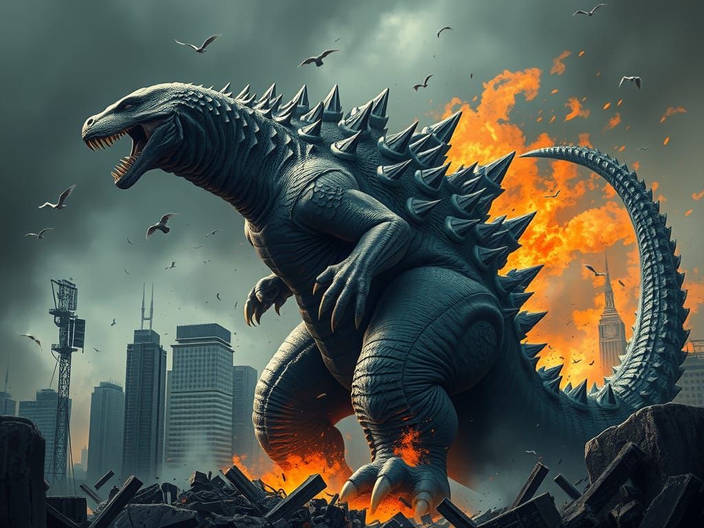 Godzilla Destroys City in Dynamic Kaiju Art