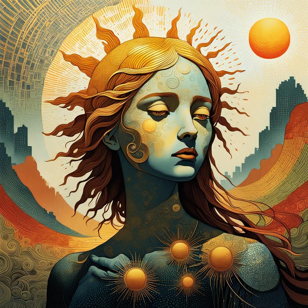 Angelic Sun Profile in Halftone Pattern Style