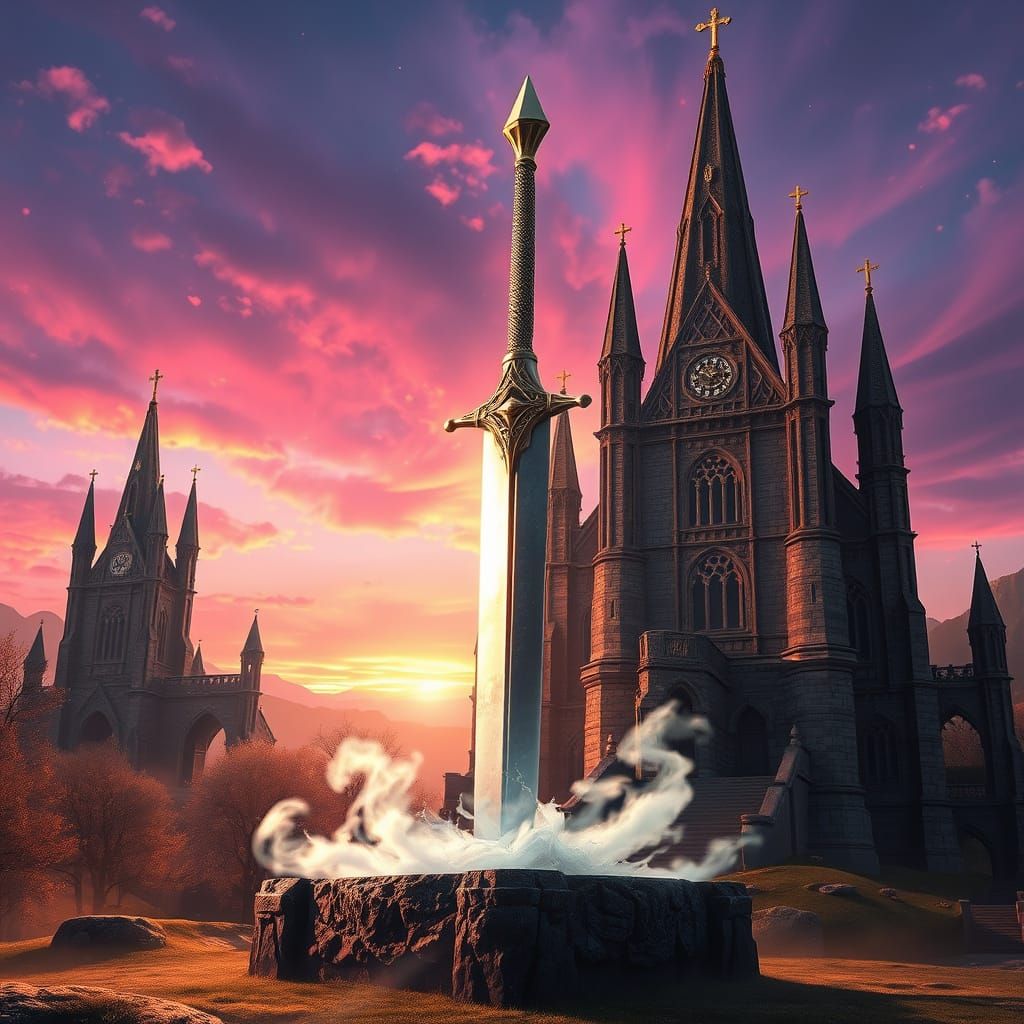 Majestic Excalibur Embedded in Ancient Stone, with Camelot's...