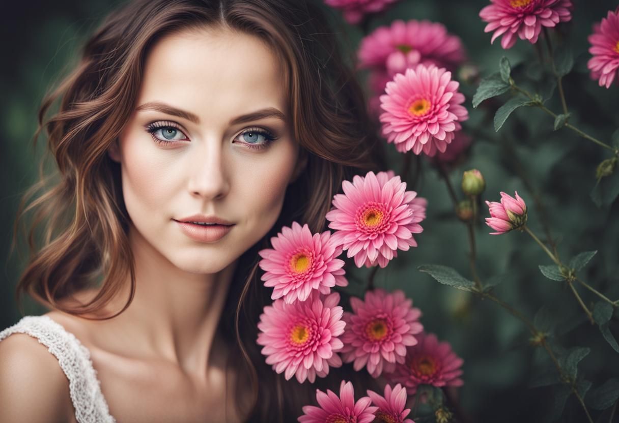 Beautiful 30-Year-Old Woman with Floral Background