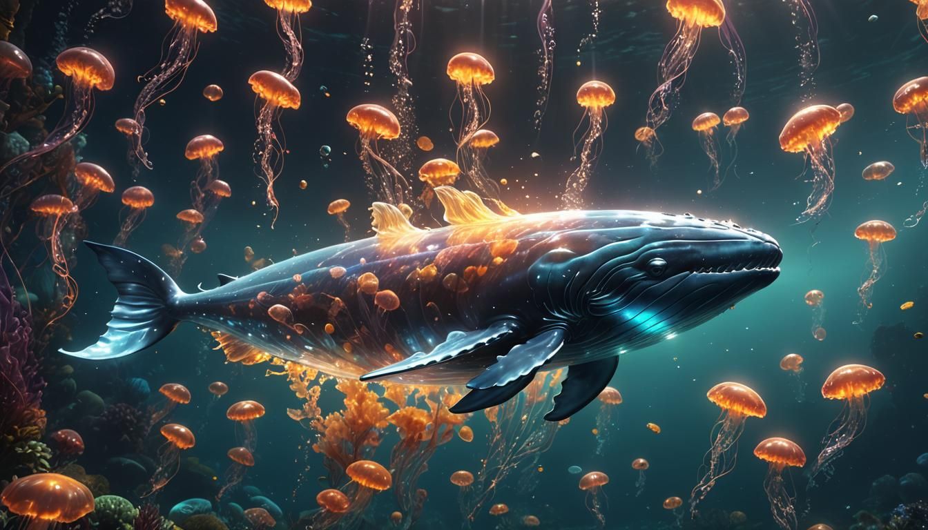Glowing Glass Whale in Deep Ocean, Digital Art
