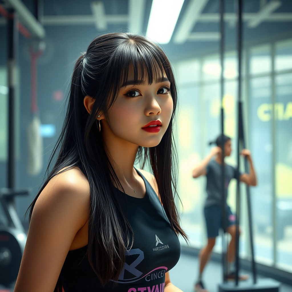 Asian Woman in Gym: Detailed Matte Painting